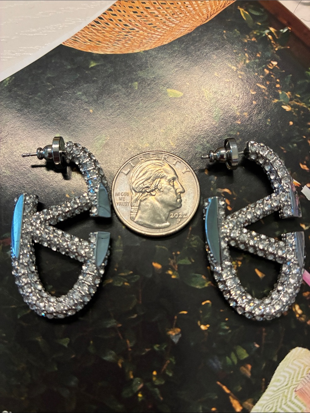 Valentino Crystal Logo Stud Earrings - Silver and Burgundy Accent - Picture 4 of 4
